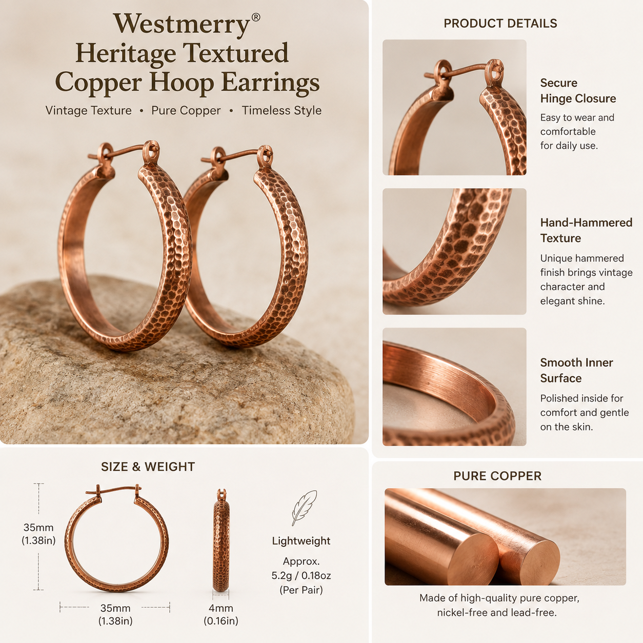 Westmerry® Heritage Textured Copper Hoop Earrings