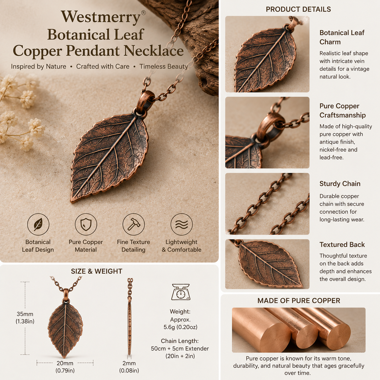 Westmerry® Botanical Leaf Copper Pendant Necklace