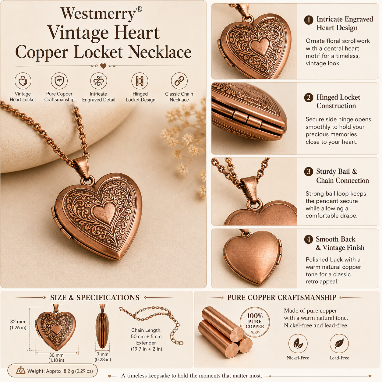 Westmerry® Vintage Heart Copper Locket Necklace