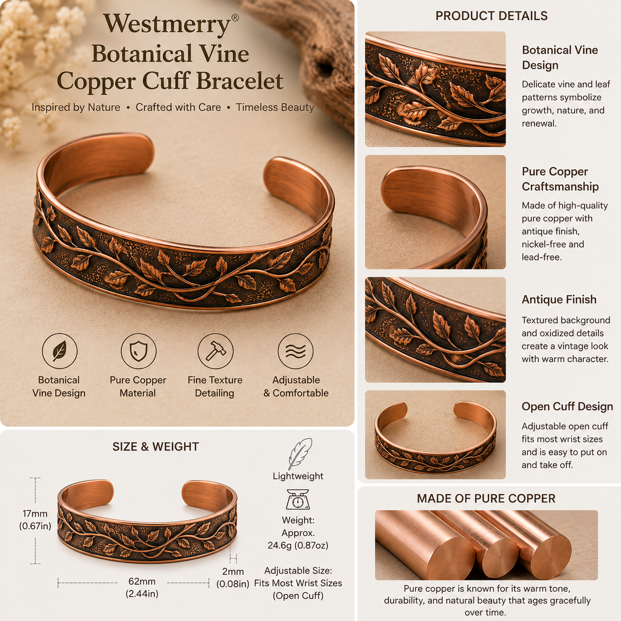 Westmerry® Botanical Vine Copper Cuff Bracelet