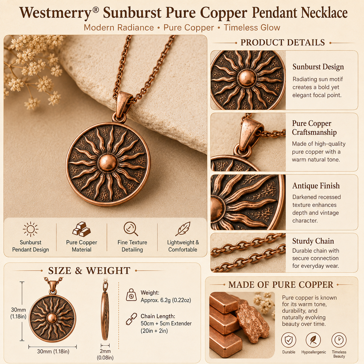Westmerry® Sunburst Pure Copper Pendant Necklace