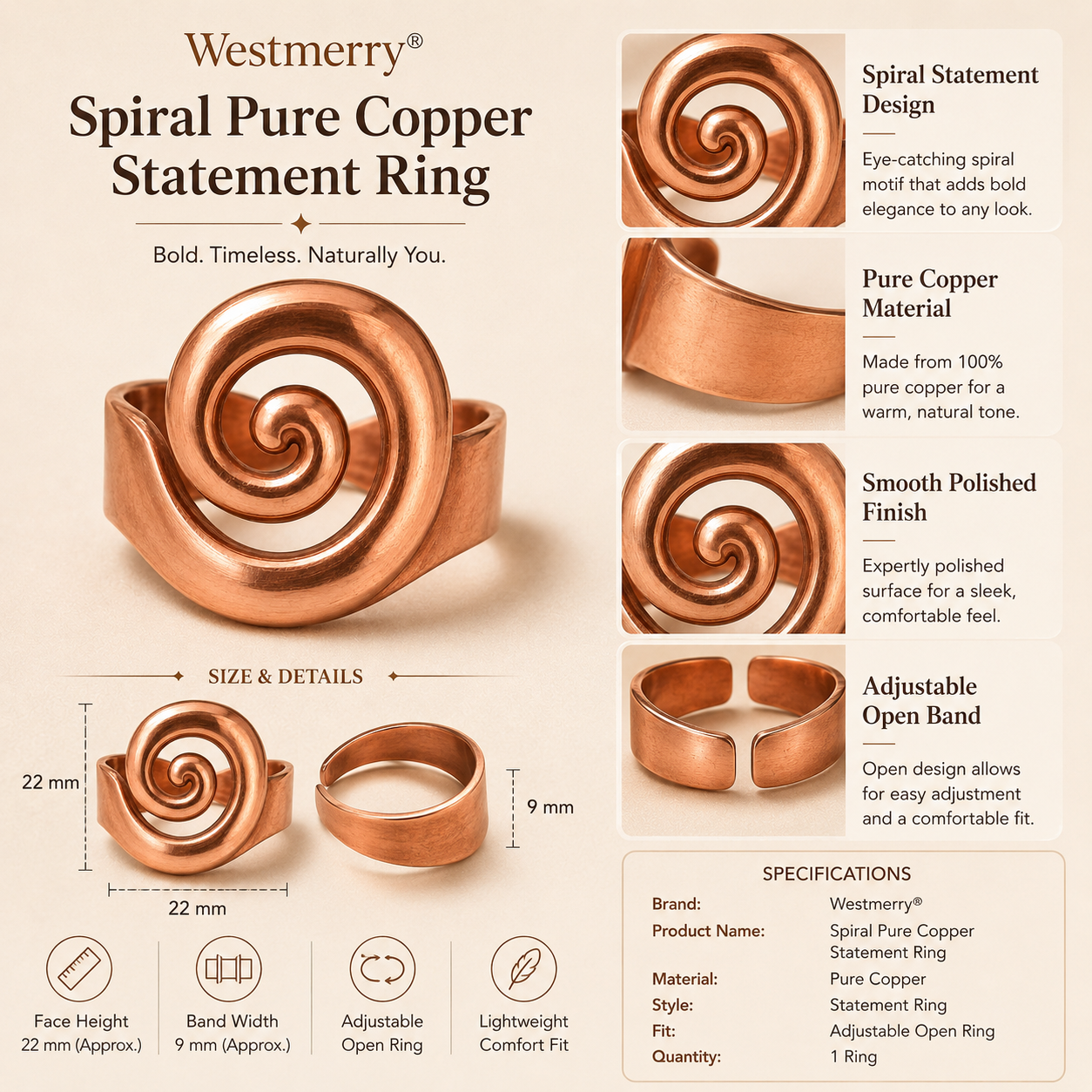 Westmerry® Spiral Pure Copper Statement Ring